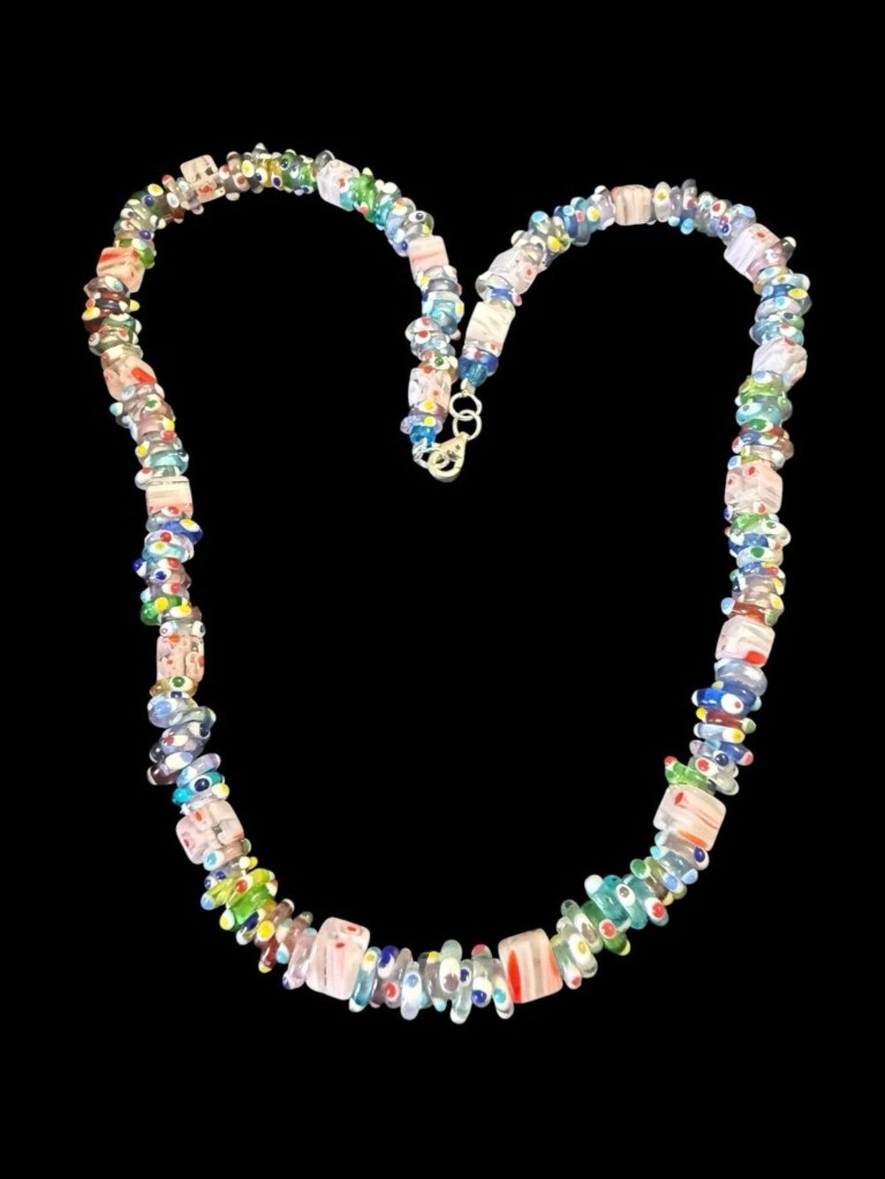 Vintage 925 Sterling Silver Murano Millefiori Evil Eye Glass Bead Necklace - Picture 2 of 6